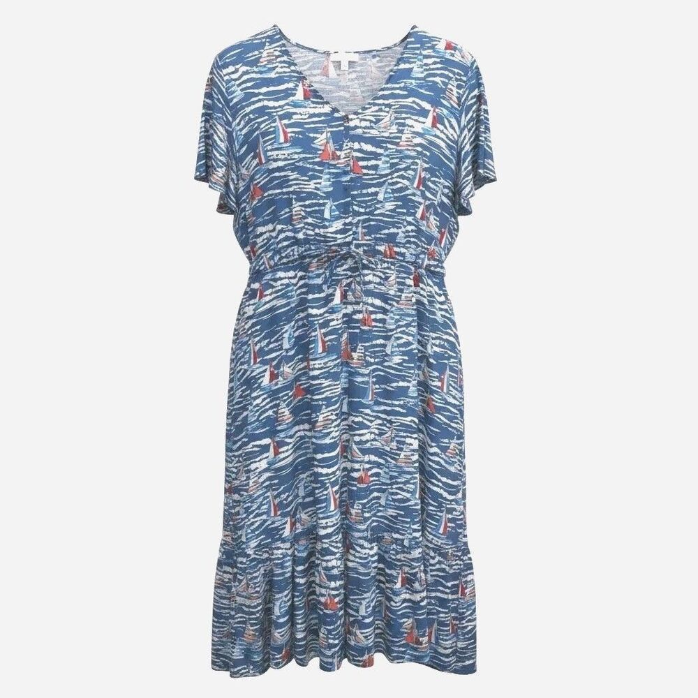 Stitch by Chenault Sailboat Midi Dress Womens XXL Blue Red Front Tie Resort Wear